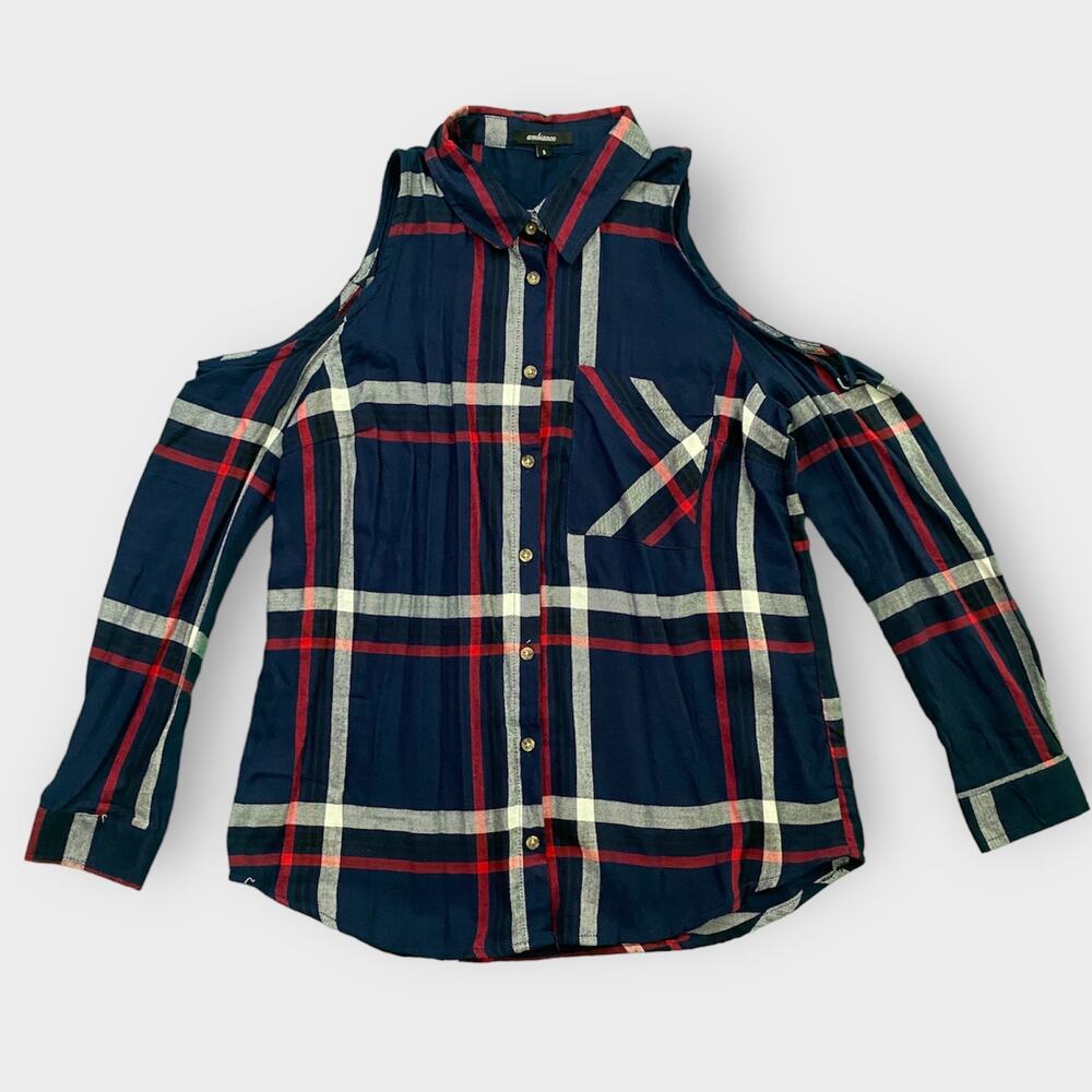 Ambiance Plaid Button Down Navy Women's Small Cold Shoulder‎ Long Sleeve